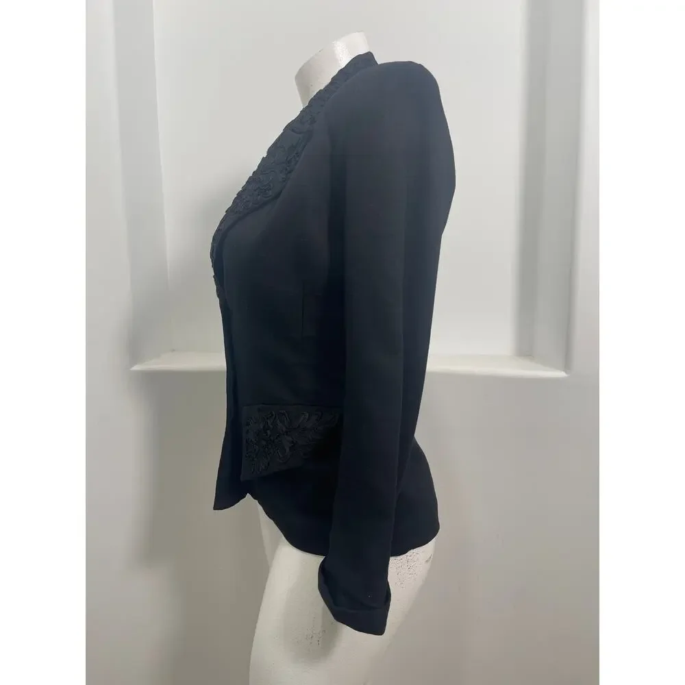 OREA Vintage Women Black Wool Blend Blazer With Embroidery Trim Size 3